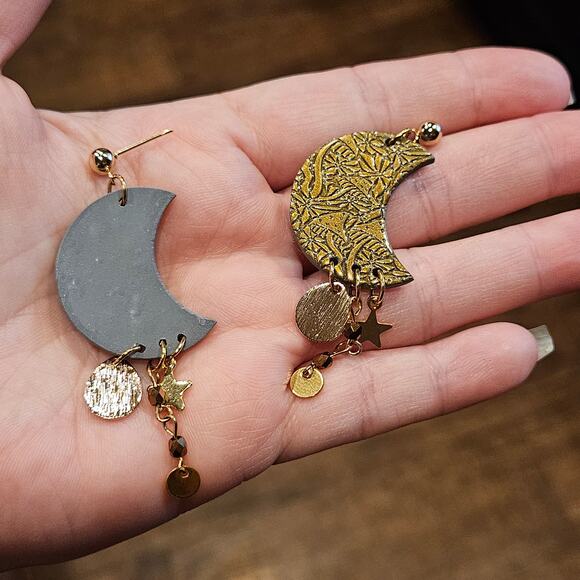 Moon Dangle Earrings Mushroom Embossed Boho Cottagecore Witchy Polymer Clay - Picture 4 of 5